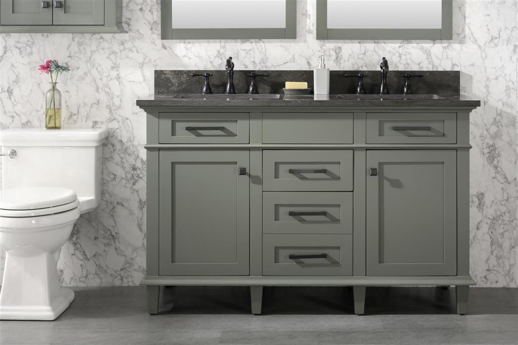 54" Haven Vanity with Double Sinks and Blue Limestone Top in Pewter Green Finish