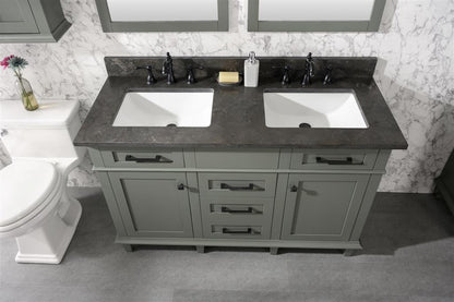 54" Haven Vanity with Double Sinks and Blue Limestone Top in Pewter Green Finish