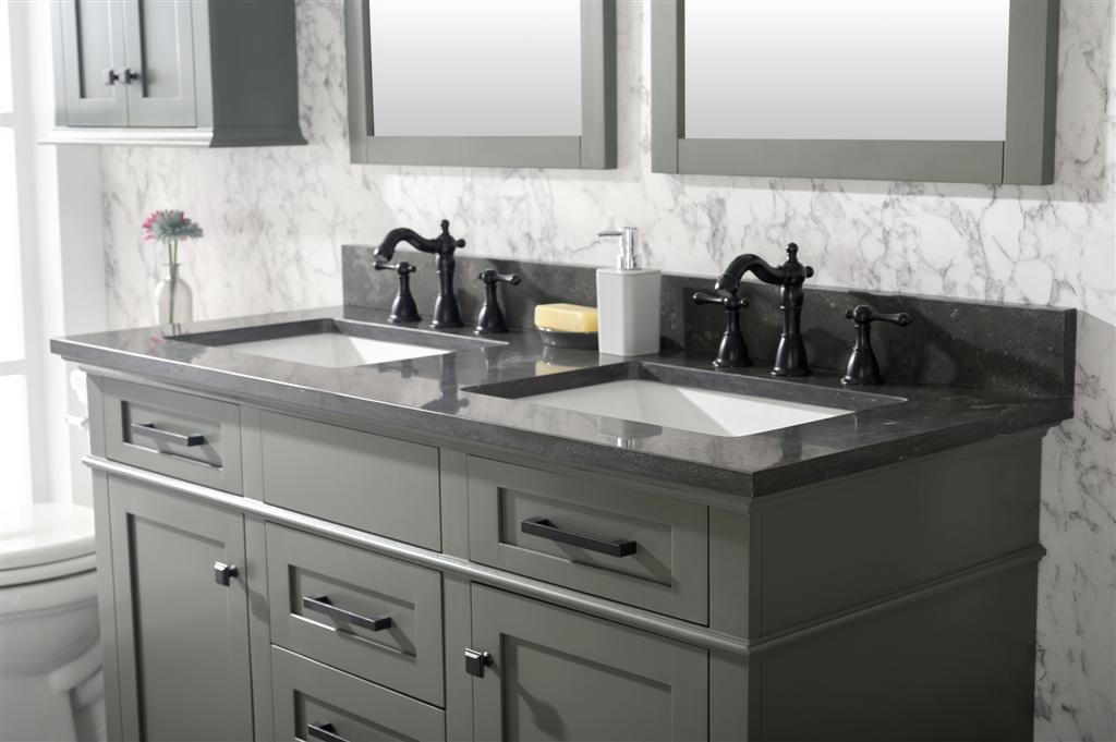 54" Haven Vanity with Double Sinks and Blue Limestone Top in Pewter Green Finish