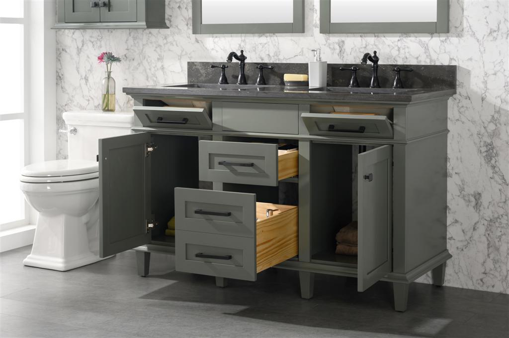 54" Haven Vanity with Double Sinks and Blue Limestone Top in Pewter Green Finish