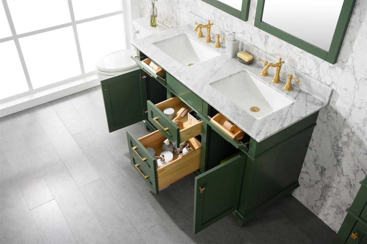 54" Haven Vanity with Double Sinks and Carrara Marble Top in Vogue Green Finish