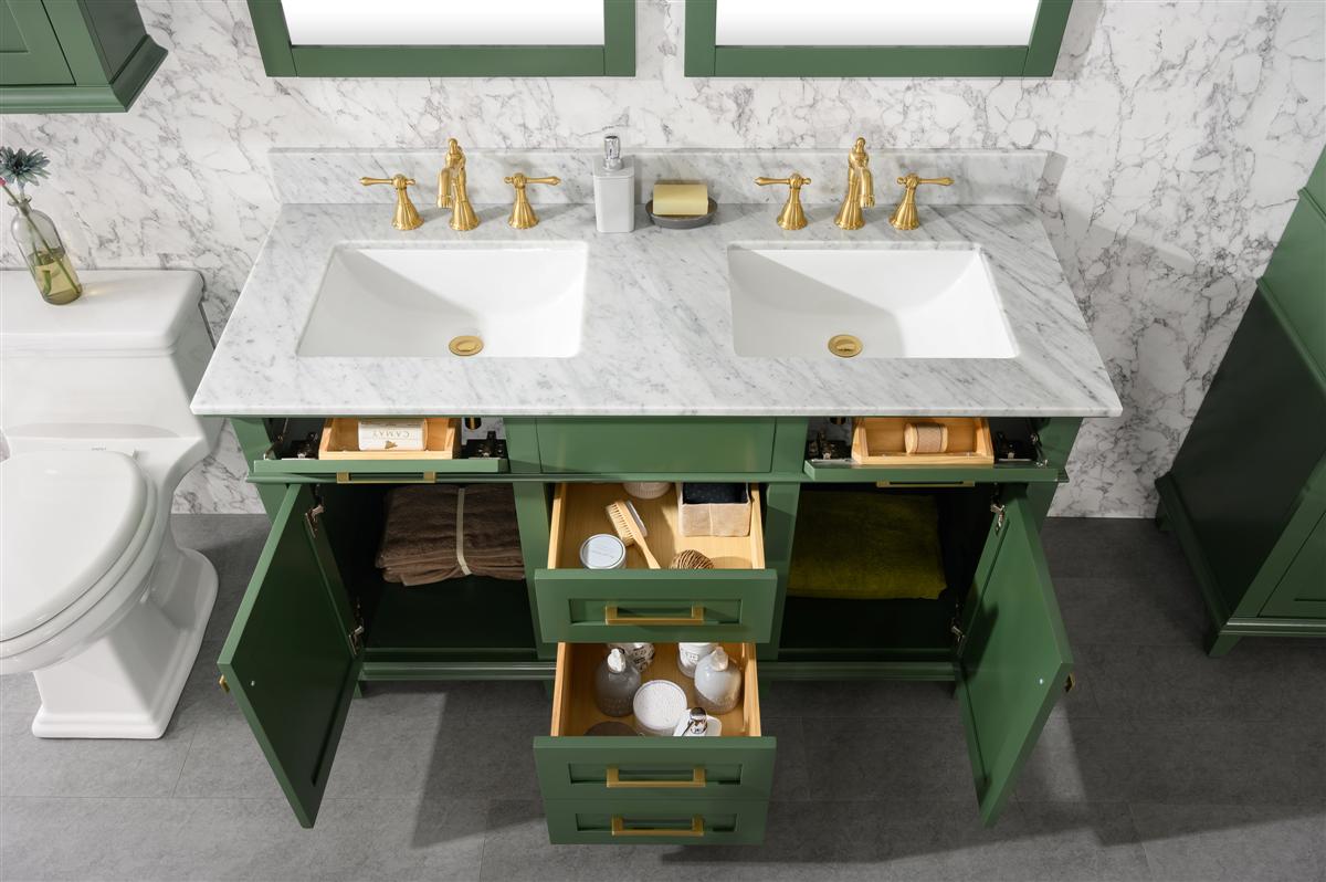 54" Haven Vanity with Double Sinks and Carrara Marble Top in Vogue Green Finish