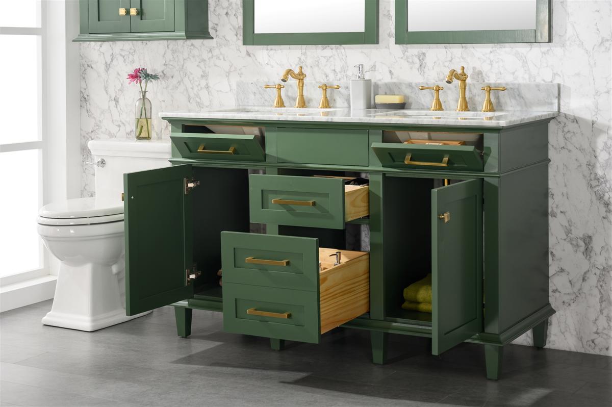 54" Haven Vanity with Double Sinks and Carrara Marble Top in Vogue Green Finish