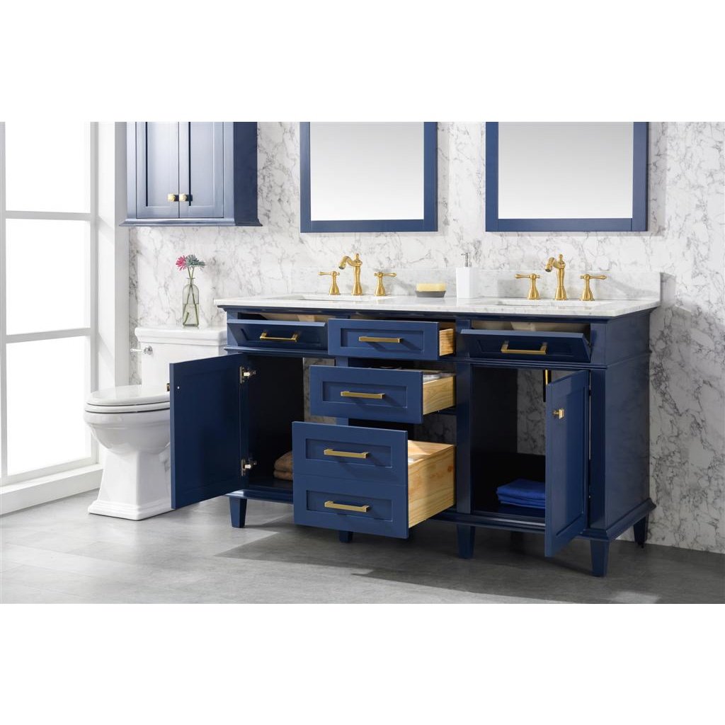 Legion Furniture 60" Blue Finish Double Sink Vanity Cabinet With Carrara White Top WLF2260D-B