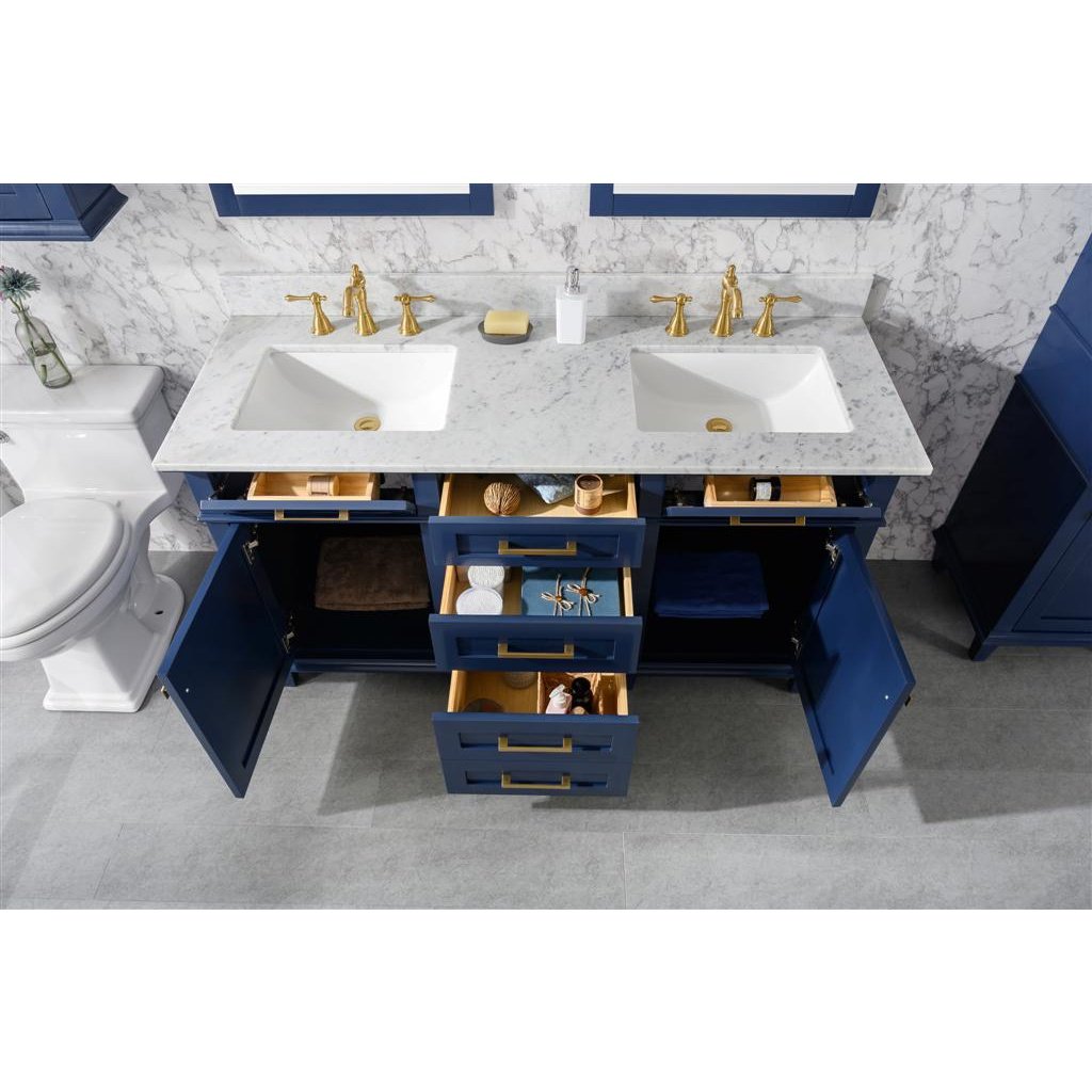 Legion Furniture 60" Blue Finish Double Sink Vanity Cabinet With Carrara White Top WLF2260D-B