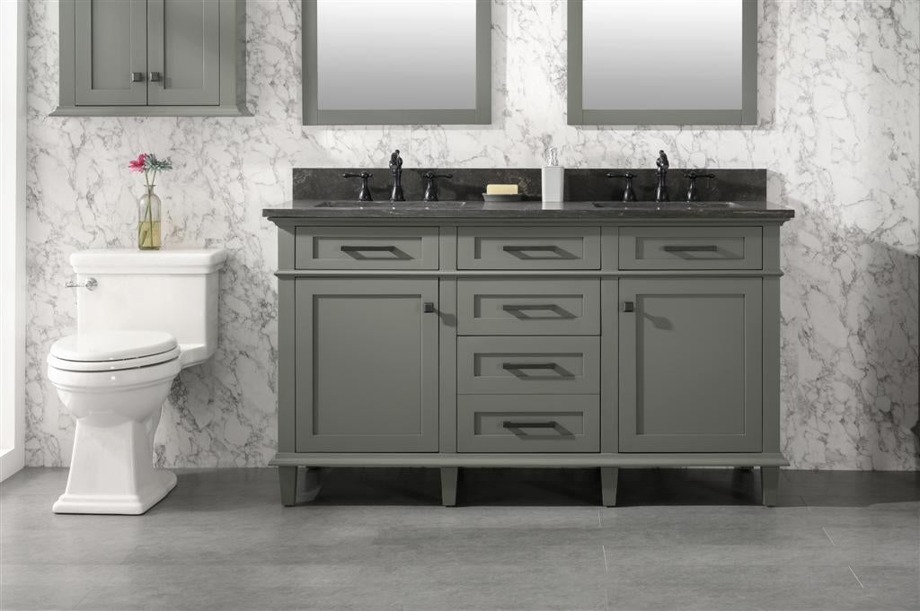 60" Haven Vanity with Double Sinks and Blue Limestone Top in Pewter Green Finish