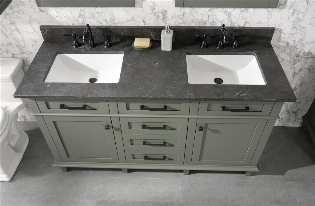 60" Haven Vanity with Double Sinks and Blue Limestone Top in Pewter Green Finish