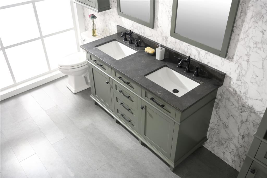 60" Haven Vanity with Double Sinks and Blue Limestone Top in Pewter Green Finish