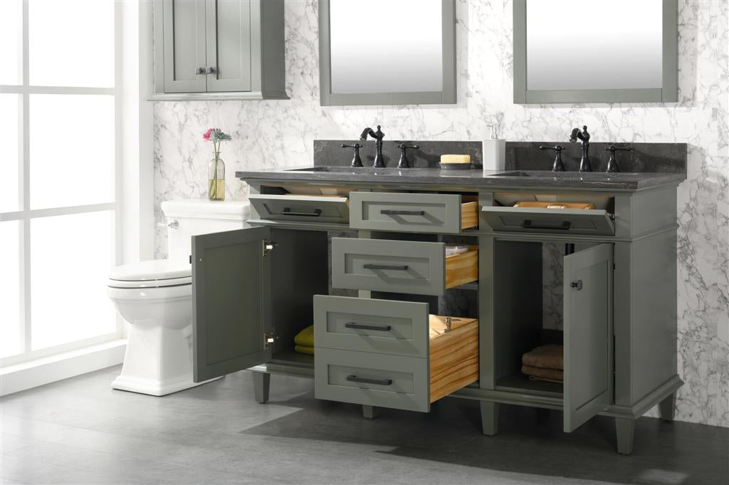 60" Haven Vanity with Double Sinks and Blue Limestone Top in Pewter Green Finish