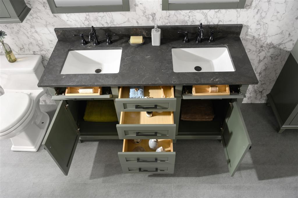 60" Haven Vanity with Double Sinks and Blue Limestone Top in Pewter Green Finish