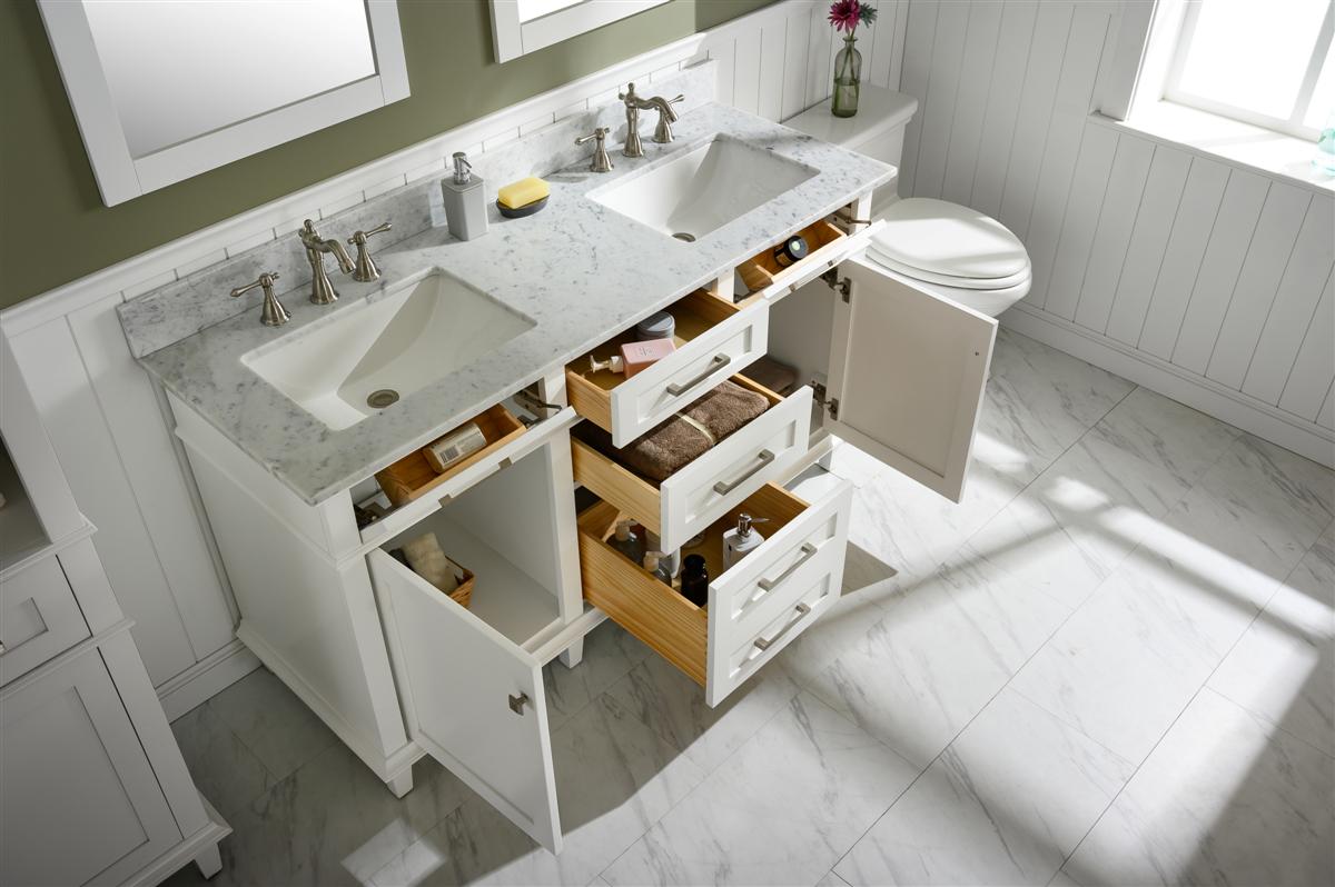 60" Haven Vanity with Double Sinks and Carrara Marble Top in White Finish