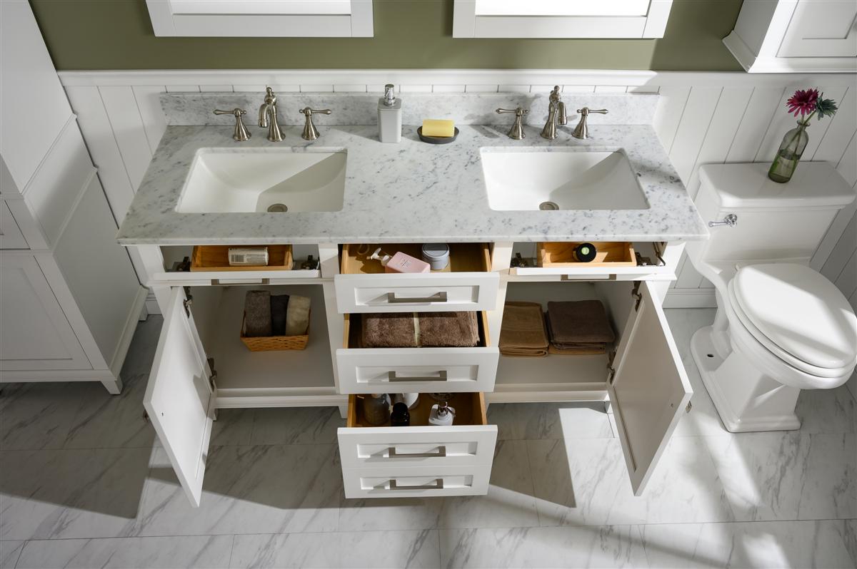 60" Haven Vanity with Double Sinks and Carrara Marble Top in White Finish