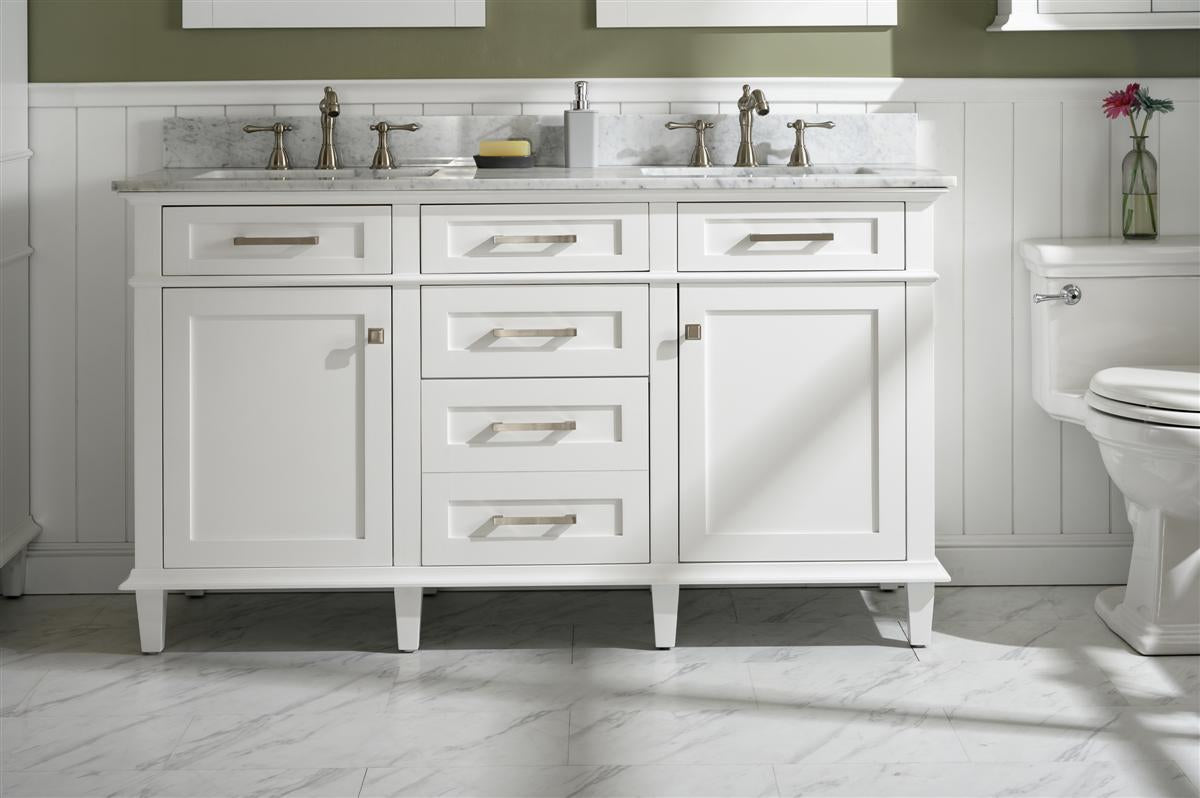 60" Haven Vanity with Double Sinks and Carrara Marble Top in White Finish