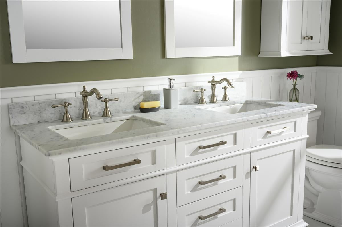 60" Haven Vanity with Double Sinks and Carrara Marble Top in White Finish