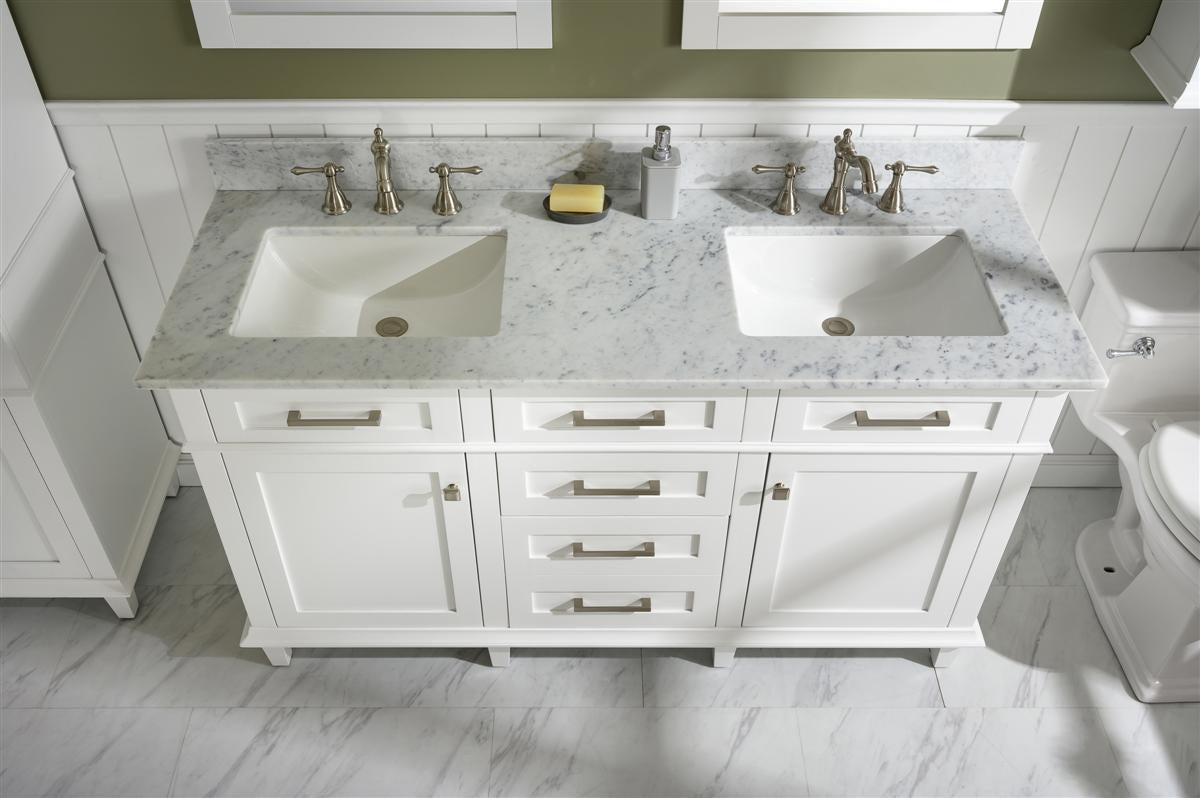 60" Haven Vanity with Double Sinks and Carrara Marble Top in White Finish