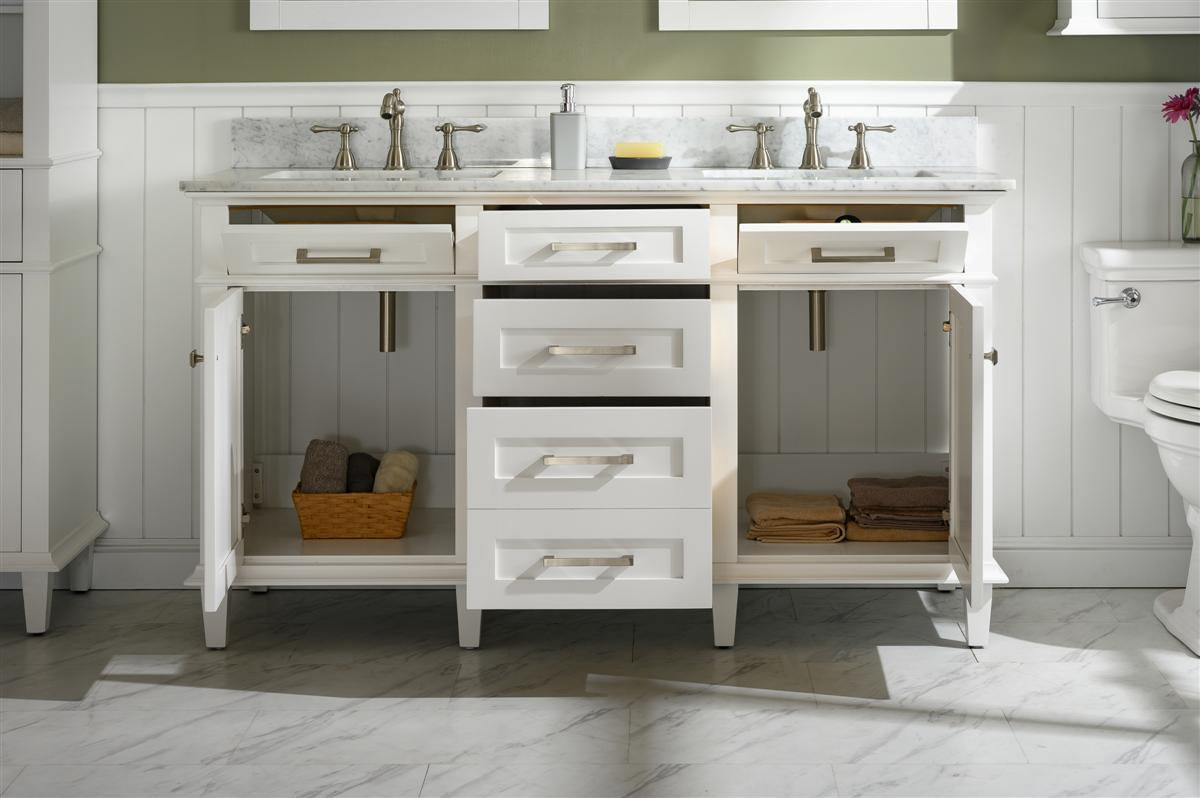 60" Haven Vanity with Double Sinks and Carrara Marble Top in White Finish