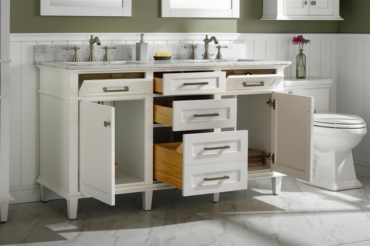 60" Haven Vanity with Double Sinks and Carrara Marble Top in White Finish