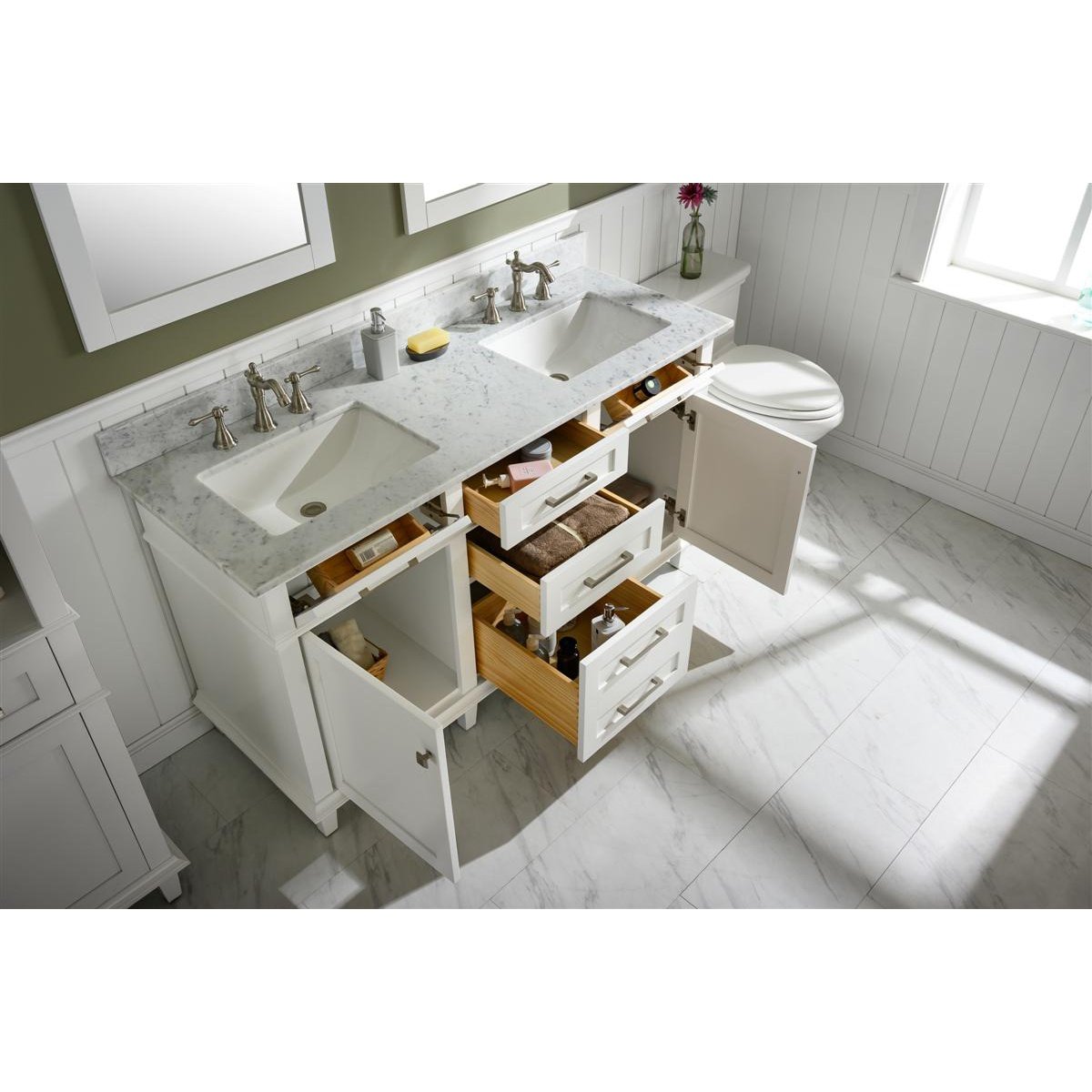 Legion Furniture 60" White Finish Double Sink Vanity Cabinet With Carrara White Top WLF2260D-W