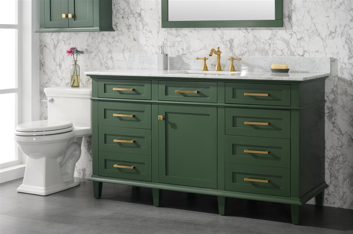 60" Haven Vanity with Single Sink and Carrara Marble Top in Vogue Green Finish