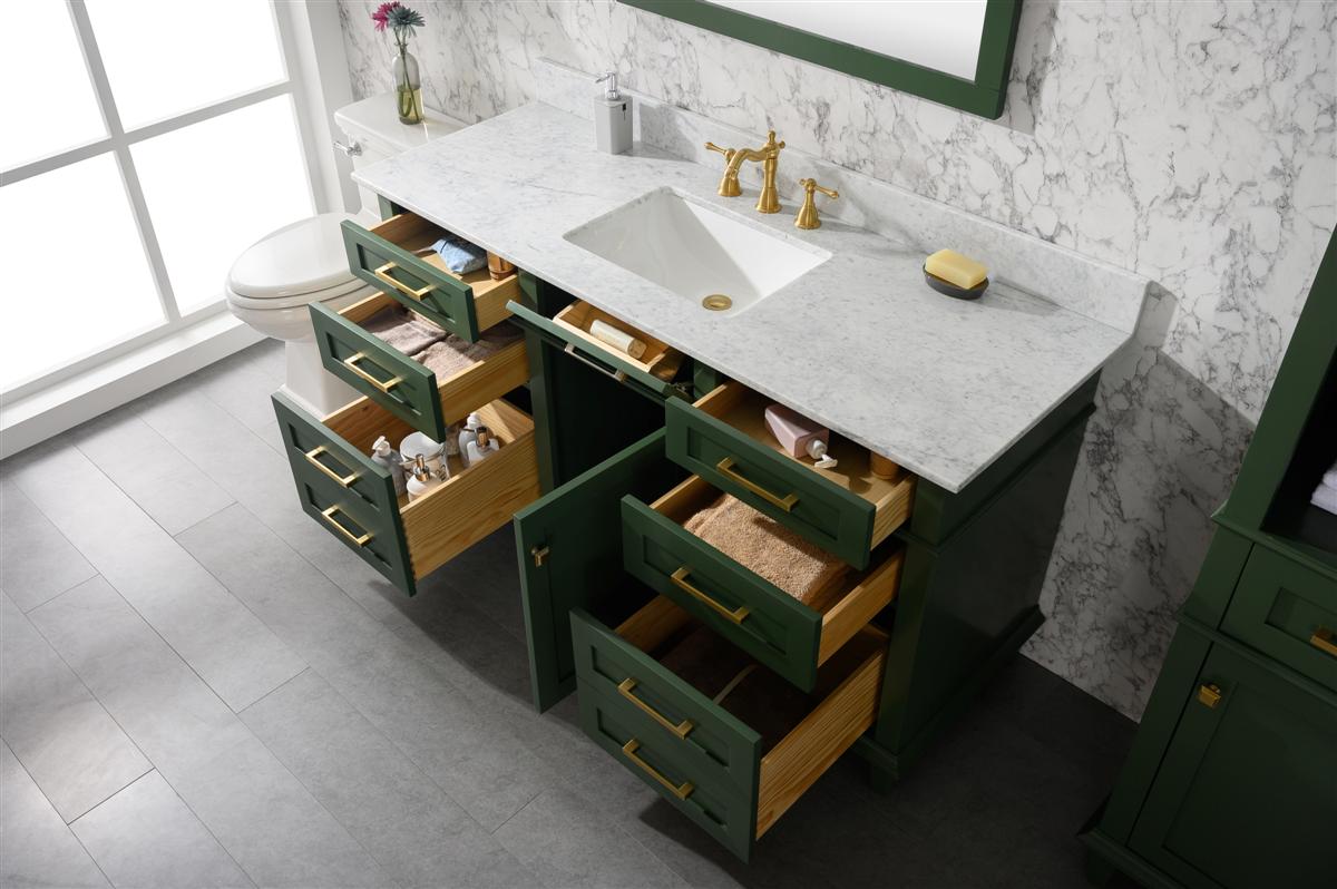 60" Haven Vanity with Single Sink and Carrara Marble Top in Vogue Green Finish