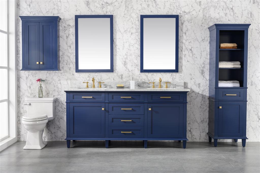 72" Haven Vanity with Double Sinks and Carrara Marble Top in Blue Finish