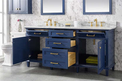 72" Haven Vanity with Double Sinks and Carrara Marble Top in Blue Finish