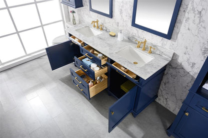 72" Haven Vanity with Double Sinks and Carrara Marble Top in Blue Finish