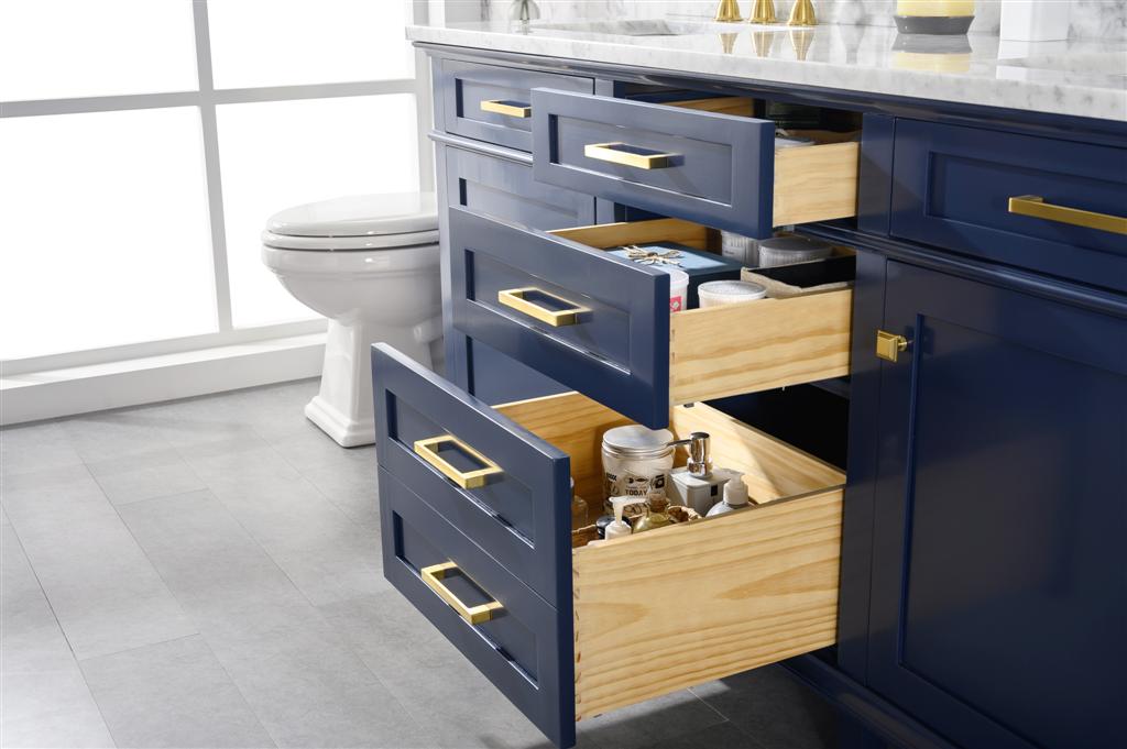 72" Haven Vanity with Double Sinks and Carrara Marble Top in Blue Finish