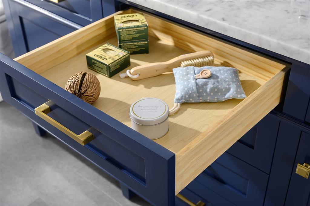 72" Haven Vanity with Double Sinks and Carrara Marble Top in Blue Finish