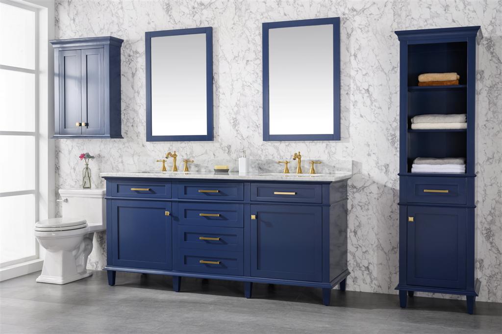 72" Haven Vanity with Double Sinks and Carrara Marble Top in Blue Finish