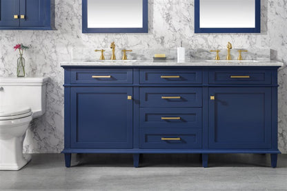 72" Haven Vanity with Double Sinks and Carrara Marble Top in Blue Finish