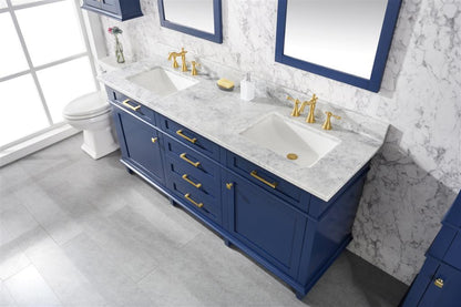 72" Haven Vanity with Double Sinks and Carrara Marble Top in Blue Finish