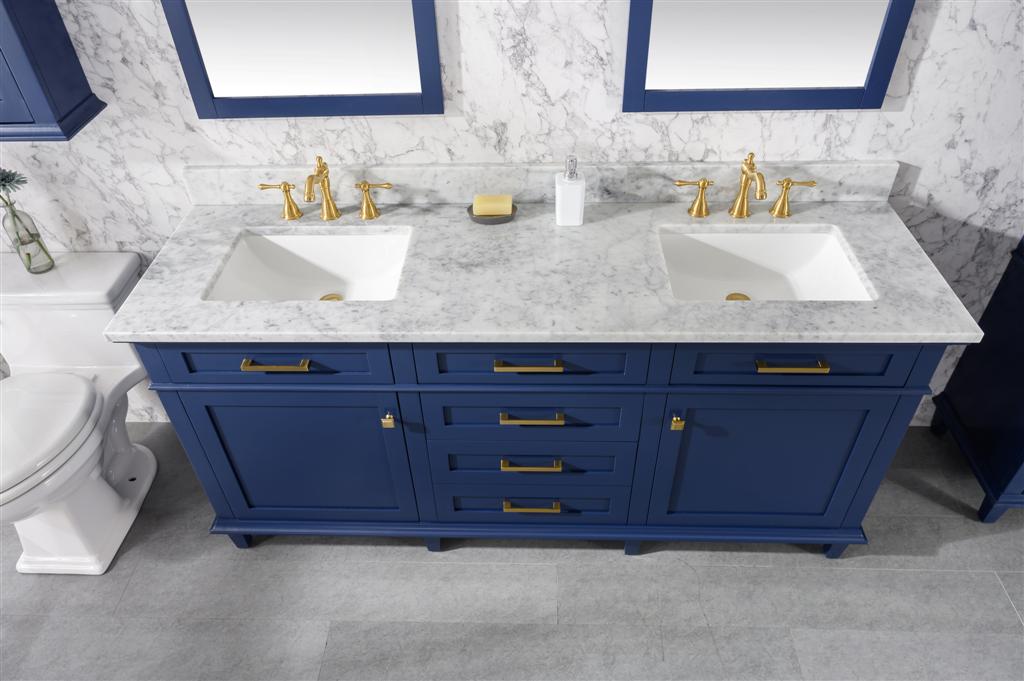 72" Haven Vanity with Double Sinks and Carrara Marble Top in Blue Finish