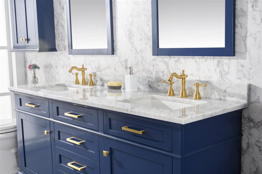 72" Haven Vanity with Double Sinks and Carrara Marble Top in Blue Finish