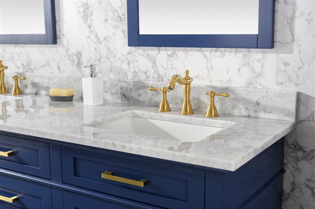 72" Haven Vanity with Double Sinks and Carrara Marble Top in Blue Finish