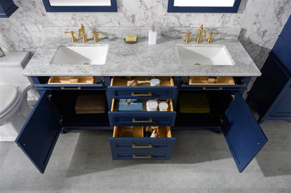 72" Haven Vanity with Double Sinks and Carrara Marble Top in Blue Finish