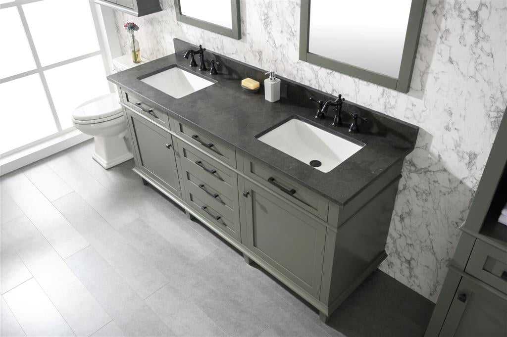 72" Haven Vanity with Double Sinks and Blue Limestone Top in Pewter Green Finish