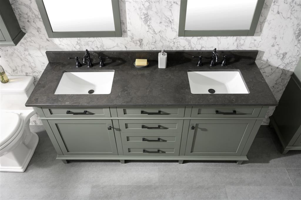 72" Haven Vanity with Double Sinks and Blue Limestone Top in Pewter Green Finish