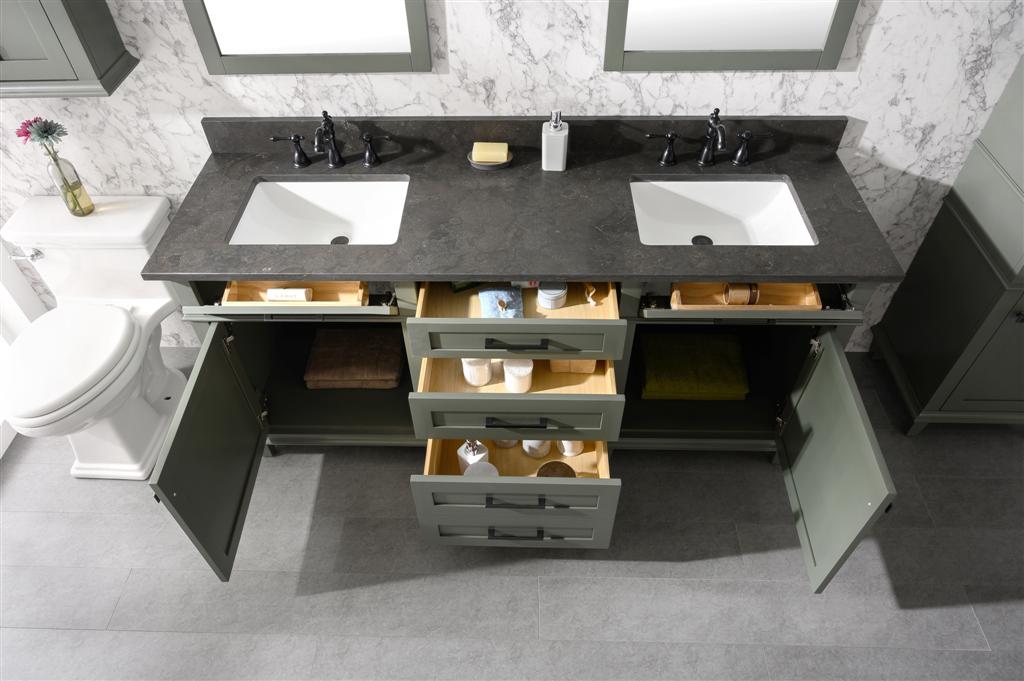 72" Haven Vanity with Double Sinks and Blue Limestone Top in Pewter Green Finish