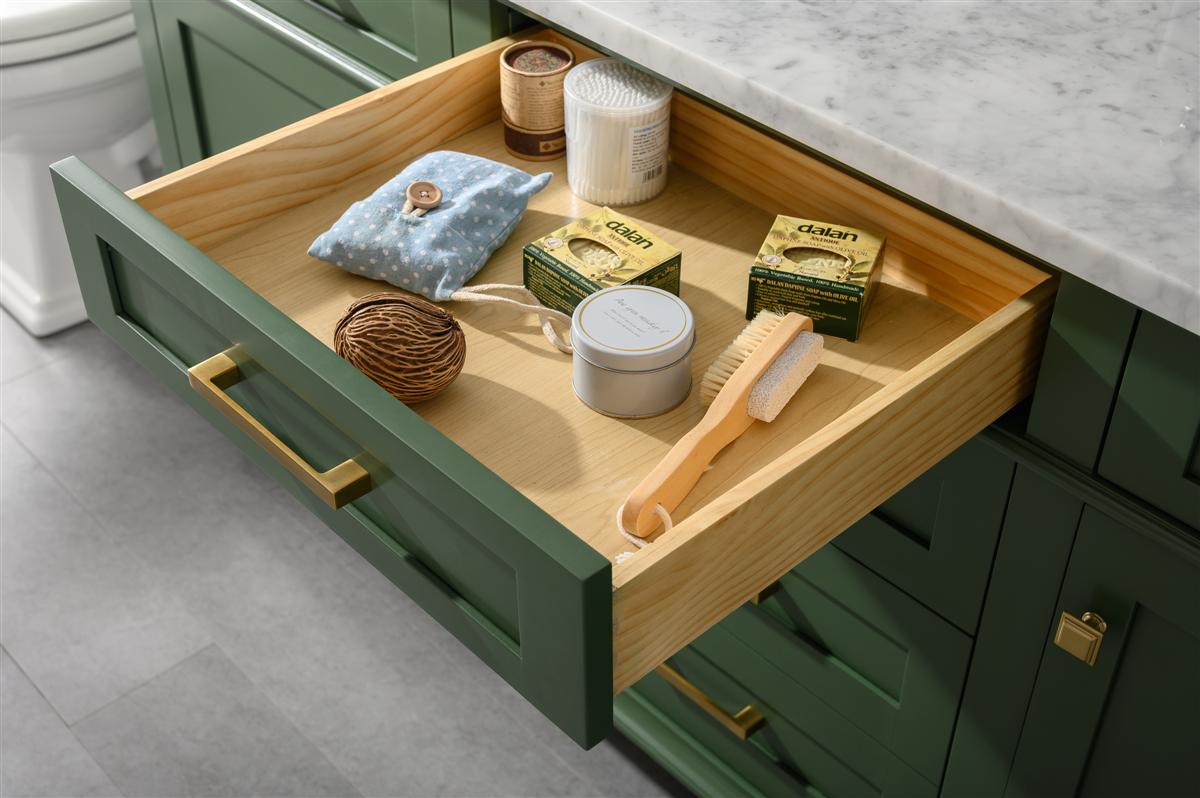 72" Haven Vanity with Double Sinks and Carrara Marble Top in Vogue Green Finish