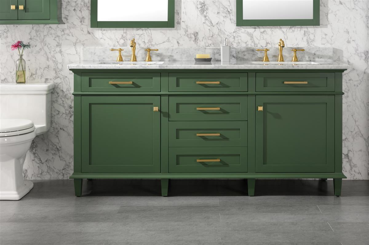 72" Haven Vanity with Double Sinks and Carrara Marble Top in Vogue Green Finish