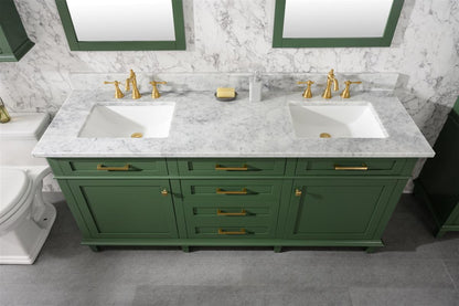 72" Haven Vanity with Double Sinks and Carrara Marble Top in Vogue Green Finish