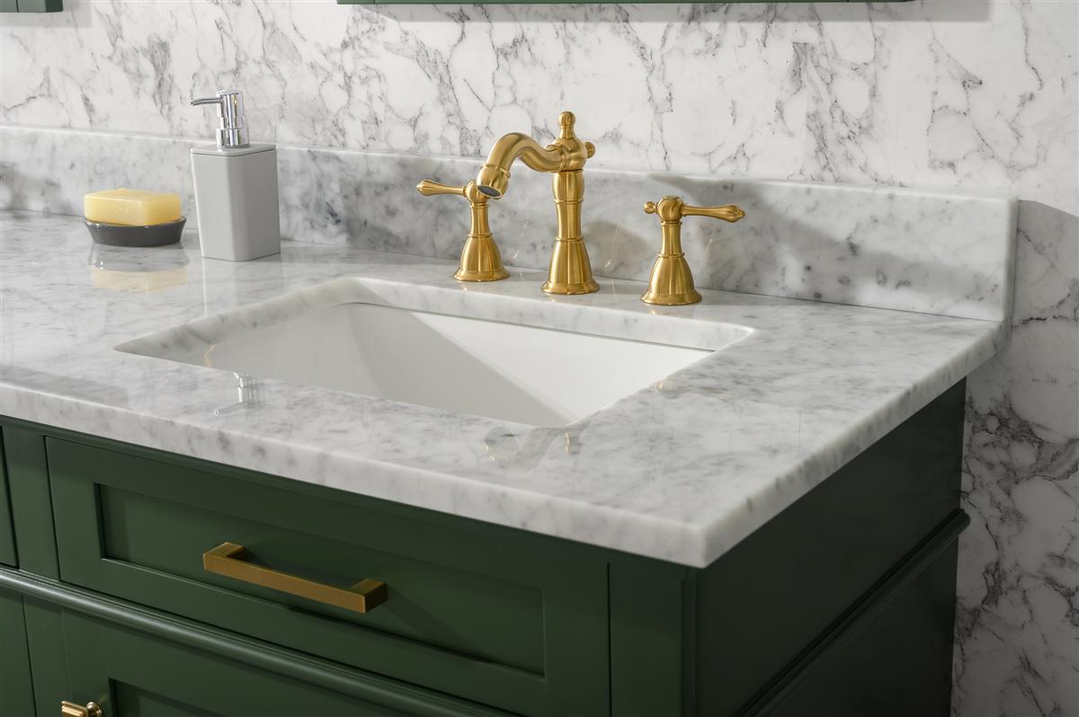 72" Haven Vanity with Double Sinks and Carrara Marble Top in Vogue Green Finish