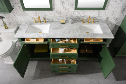 72" Haven Vanity with Double Sinks and Carrara Marble Top in Vogue Green Finish