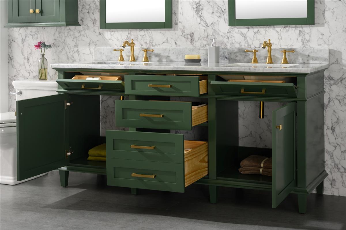 72" Haven Vanity with Double Sinks and Carrara Marble Top in Vogue Green Finish