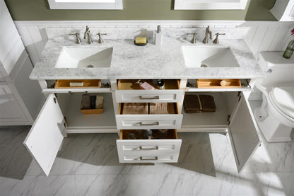 72" Haven Vanity with Double Sinks and Carrara Marble Top in White Finish