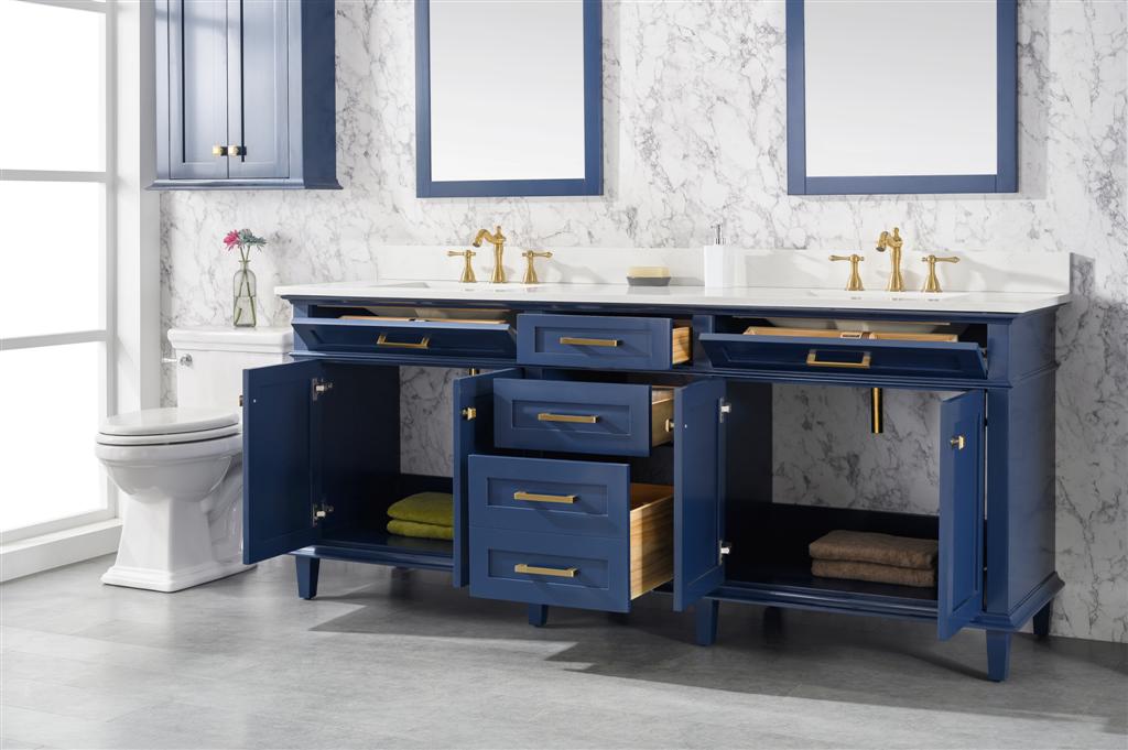 80" Haven Vanity with Double Sinks and Carrara Marble Top in Blue Finish