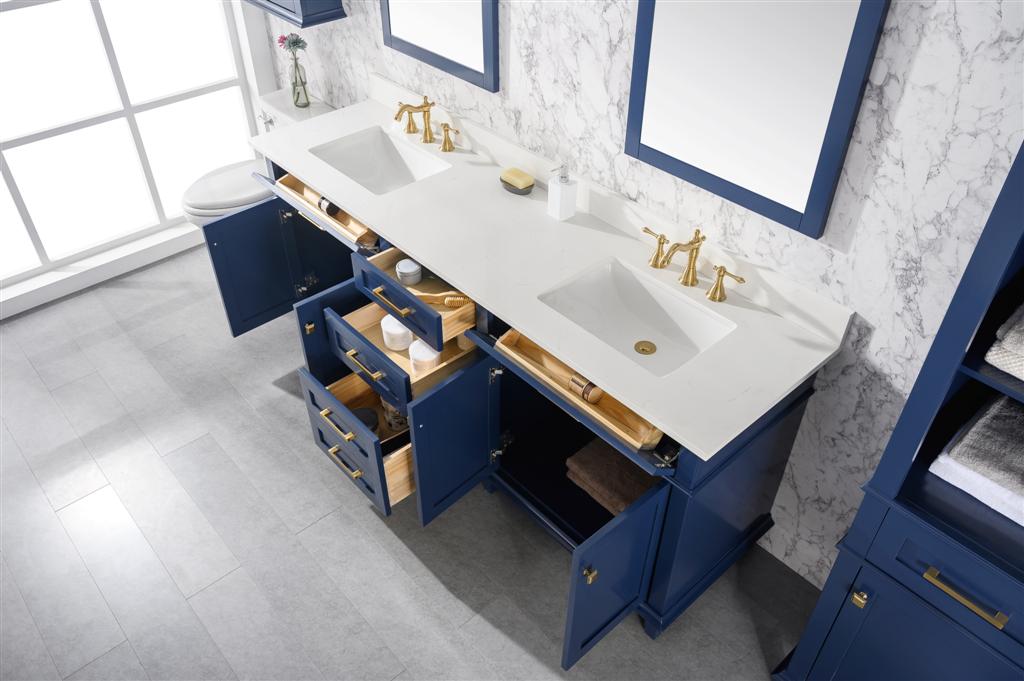 80" Haven Vanity with Double Sinks and Carrara Marble Top in Blue Finish