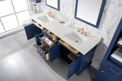 80" Haven Vanity with Double Sinks and Carrara Marble Top in Blue Finish