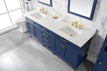 80" Haven Vanity with Double Sinks and Carrara Marble Top in Blue Finish